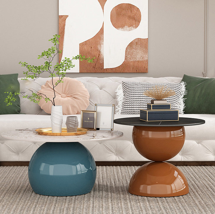 Contemporary Cream Rock Slab Metal Round End Table 1-Tier — Short - Pandora White Rock + Blue