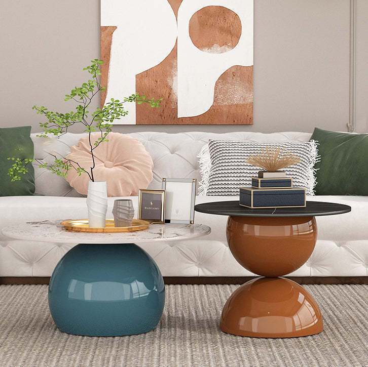 Contemporary Cream Rock Slab Metal Round End Table 1-Tier — Short - Pandora White Rock + Blue