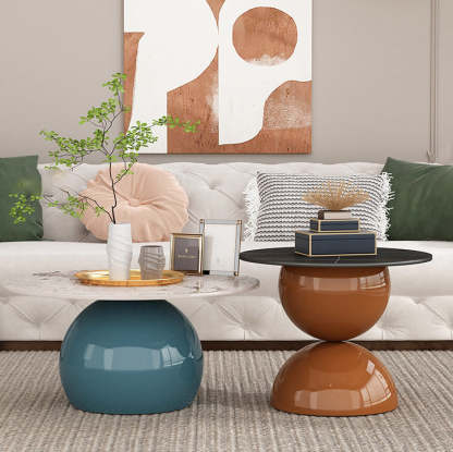 Contemporary Cream Rock Slab Metal Round End Table 1-Tier — Short - Pandora White Rock + Blue