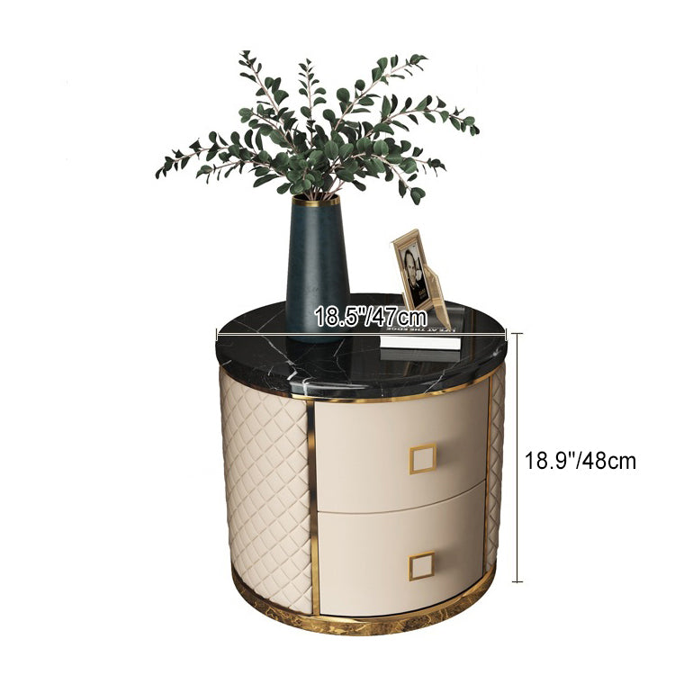 Modern Marble Leather Gold-Plated Round Nightstand — Cream Yellow + Black Marble Table Top