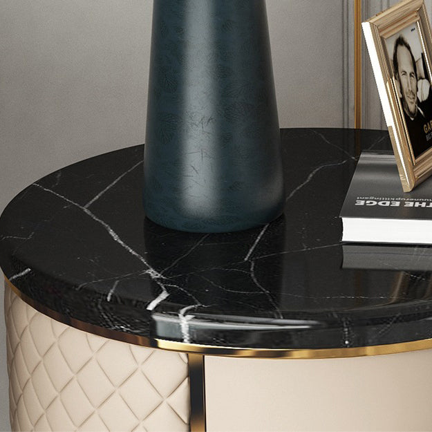 Modern Marble Leather Gold-Plated Round Nightstand — Blue + White Marble Table Top