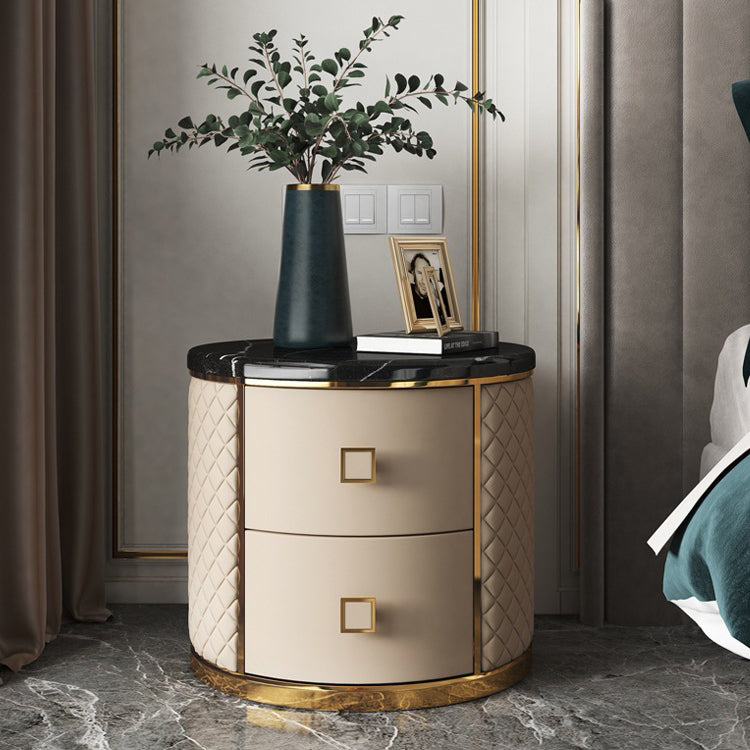 Modern Marble Leather Gold-Plated Round Nightstand