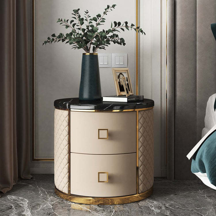 Modern Marble Leather Gold-Plated Round Nightstand
