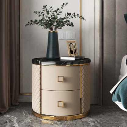 Modern Marble Leather Gold-Plated Round Nightstand