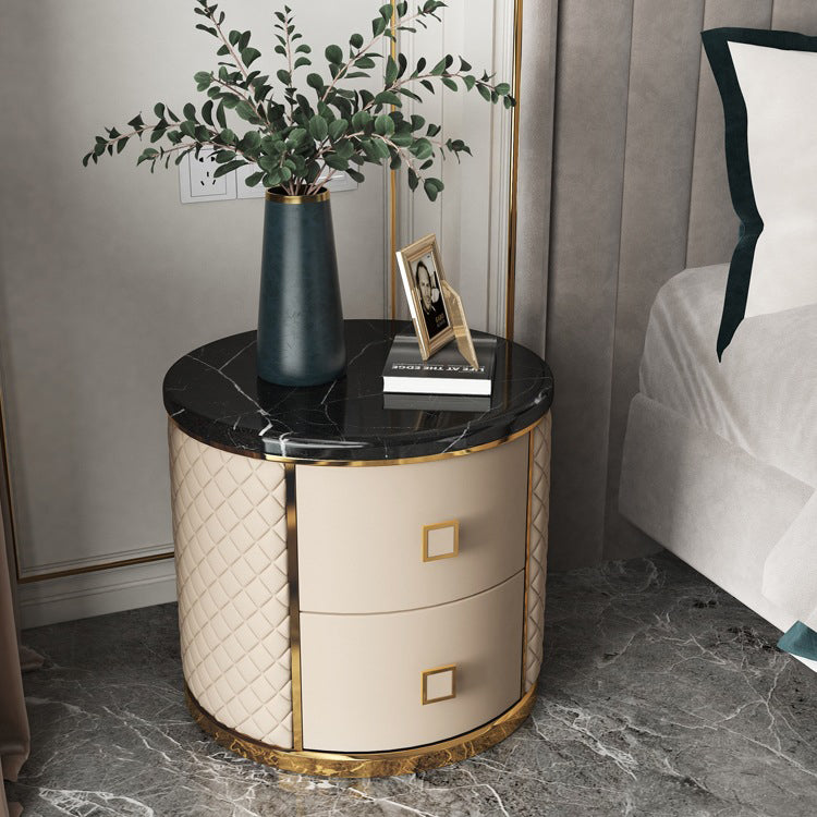 Modern Marble Leather Gold-Plated Round Nightstand