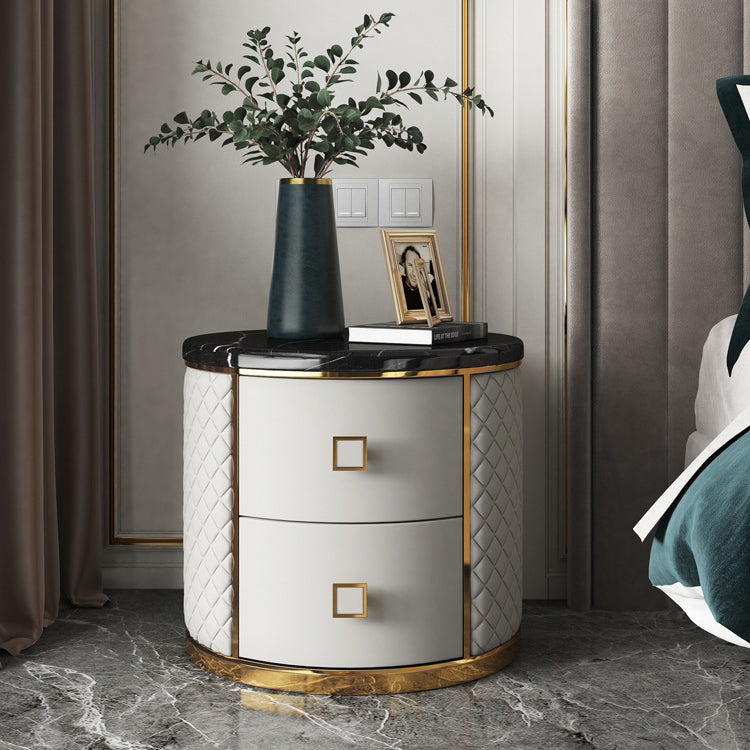 Modern Marble Leather Gold-Plated Round Nightstand — Beige + Black Marble Table Top