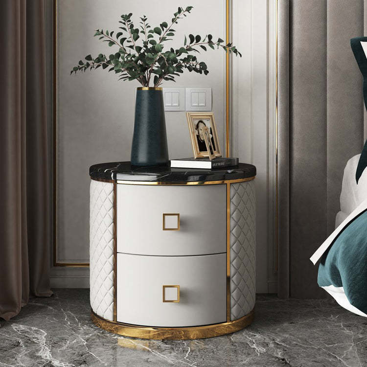 Modern Marble Leather Gold-Plated Round Nightstand — Beige + Black Marble Table Top