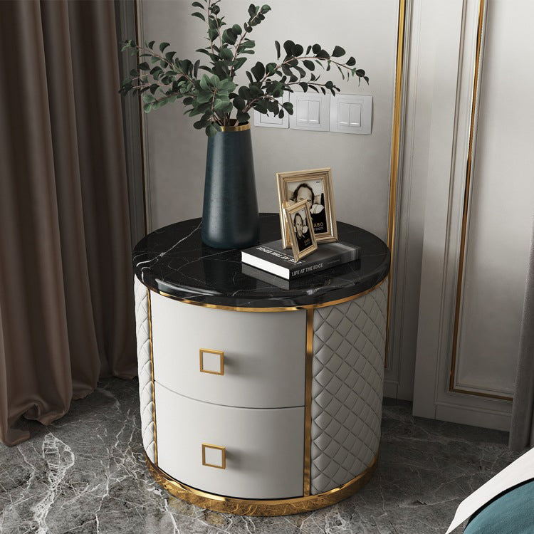Modern Marble Leather Gold-Plated Round Nightstand