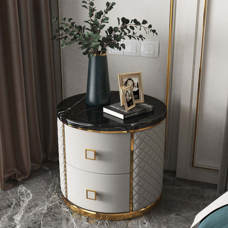 Modern Marble Leather Gold-Plated Round Nightstand
