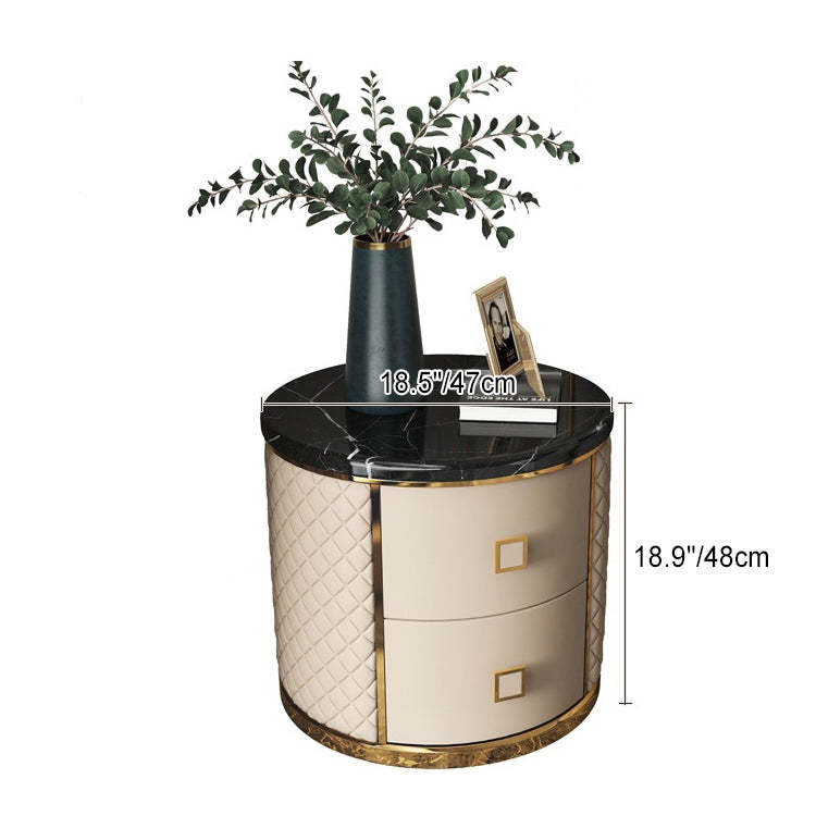 Modern Marble Leather Gold-Plated Round Nightstand — Cream Yellow + Black Marble Table Top