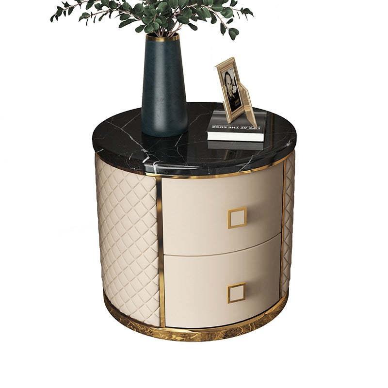 Modern Marble Leather Gold-Plated Round Nightstand