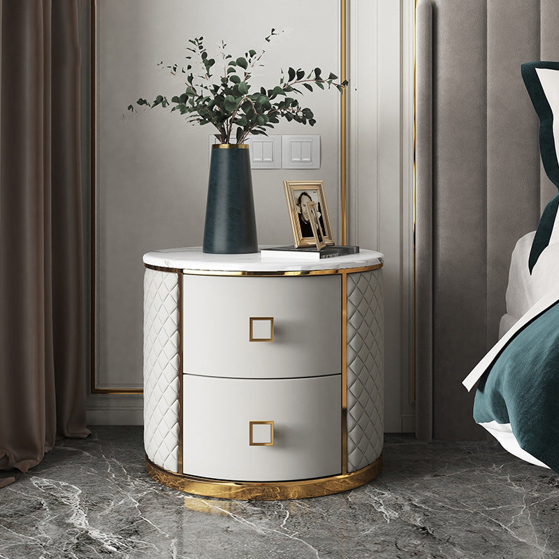 Modern Marble Leather Gold-Plated Round Nightstand