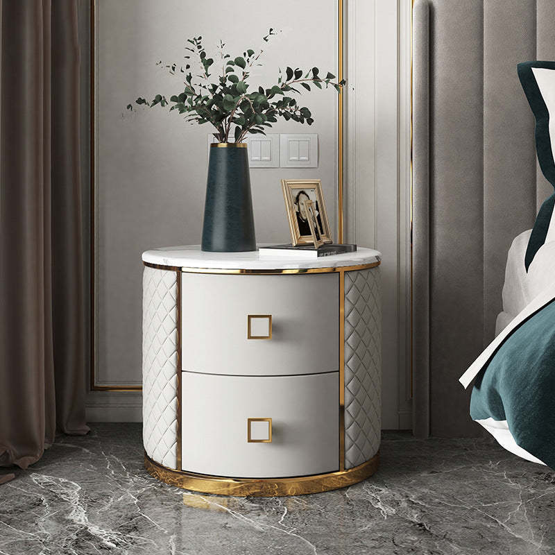 Modern Marble Leather Gold-Plated Round Nightstand
