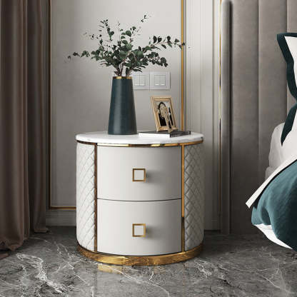 Modern Marble Leather Gold-Plated Round Nightstand