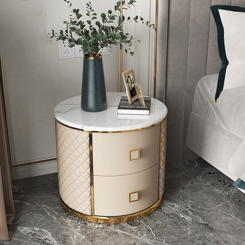 Modern Marble Leather Gold-Plated Round Nightstand