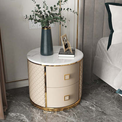 Modern Marble Leather Gold-Plated Round Nightstand