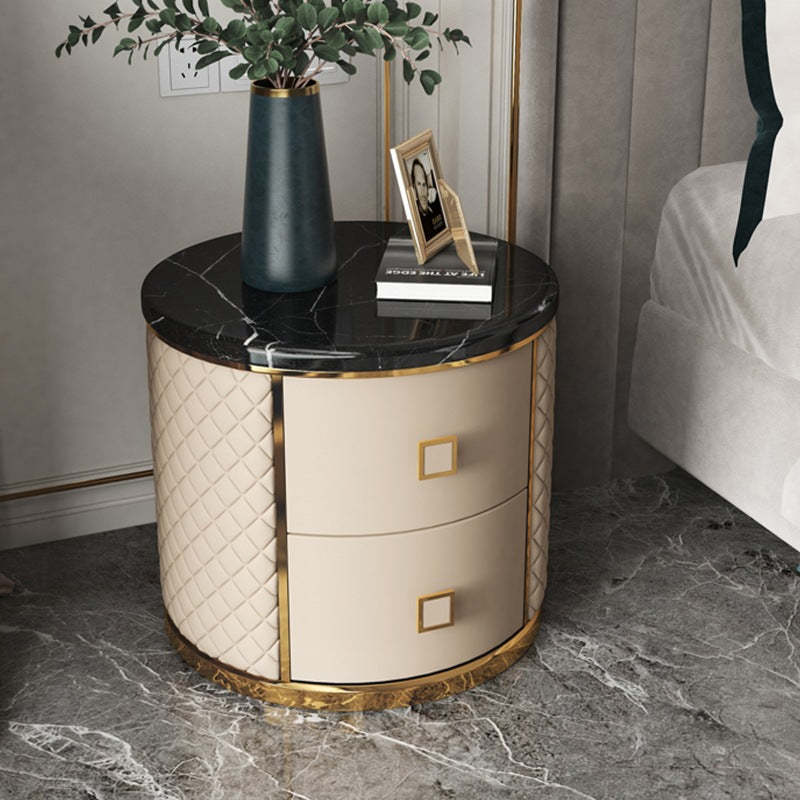 Modern Marble Leather Gold-Plated Round Nightstand