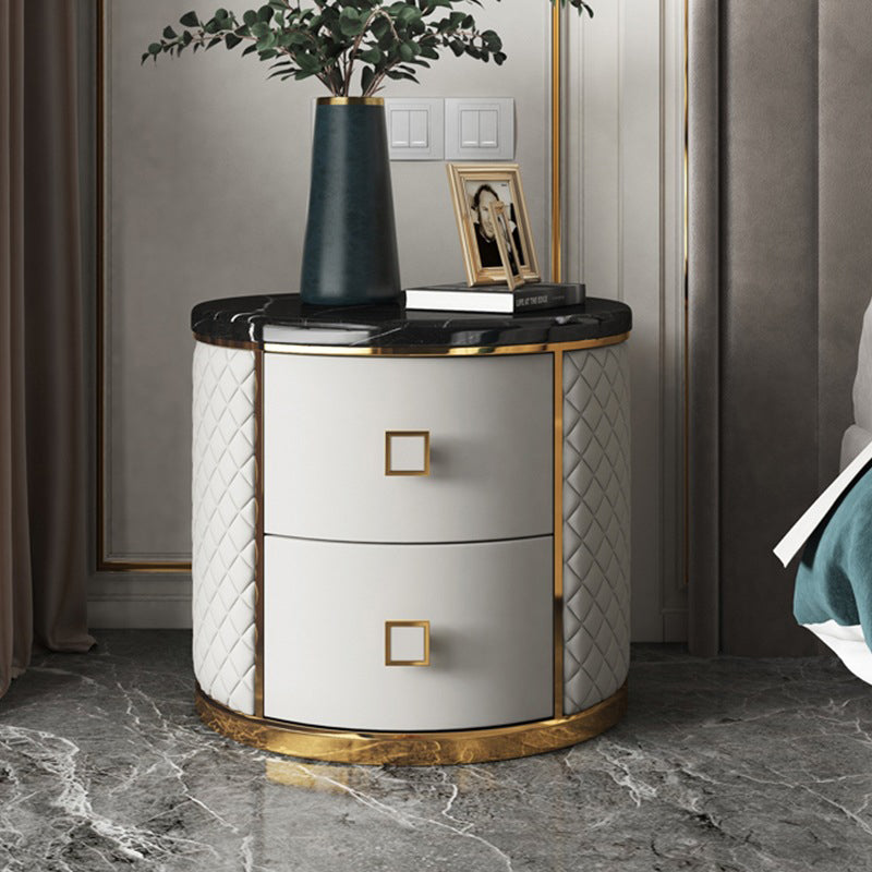 Modern Marble Leather Gold-Plated Round Nightstand