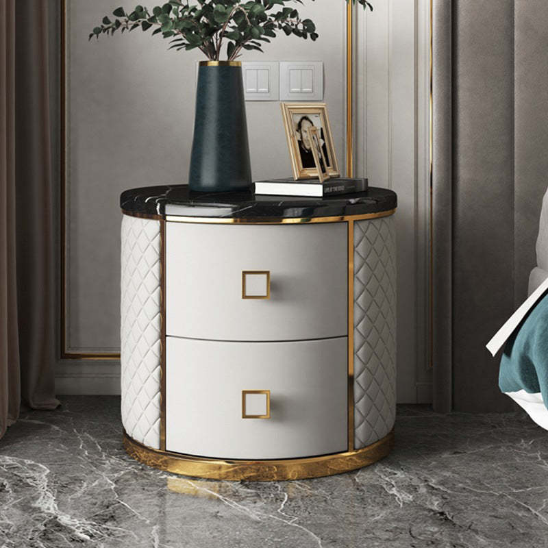 Luxury gold-plated round leather nightstands — Black Marble / Beige