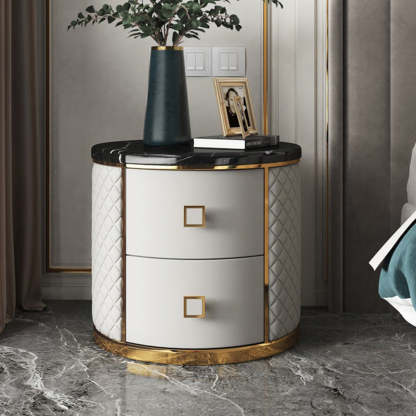 Modern Marble Leather Gold-Plated Round Nightstand