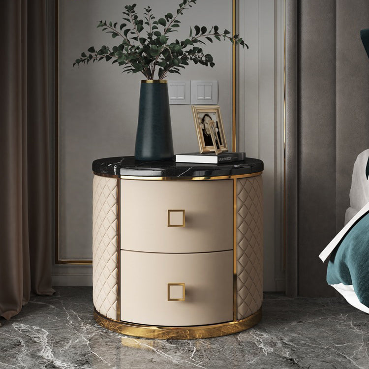 Modern Marble Leather Gold-Plated Round Nightstand — Beige + White Marble Table Top