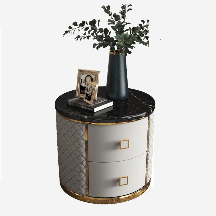 Modern Marble Leather Gold-Plated Round Nightstand