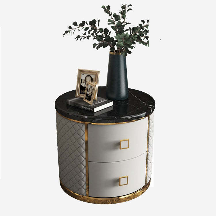 Modern Marble Leather Gold-Plated Round Nightstand