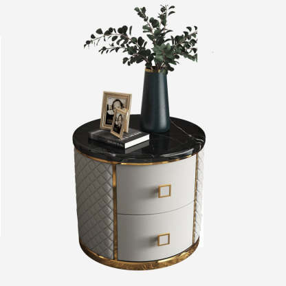 Modern Marble Leather Gold-Plated Round Nightstand
