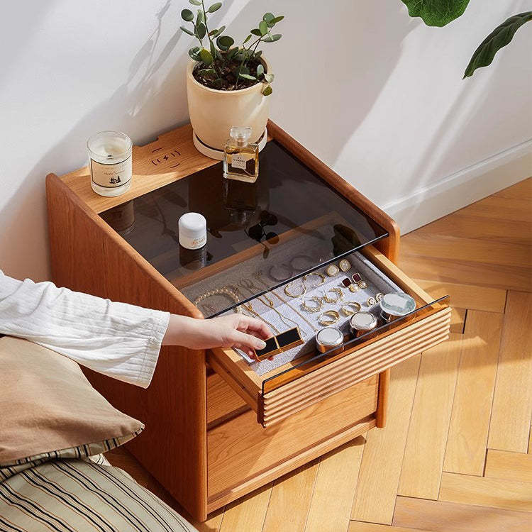 Minimalist Glass Wood 2-Drawer Nightstand