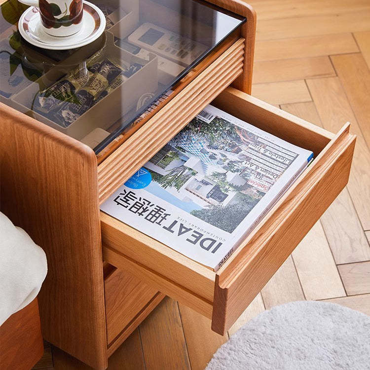 Minimalist Glass Wood 2-Drawer Nightstand