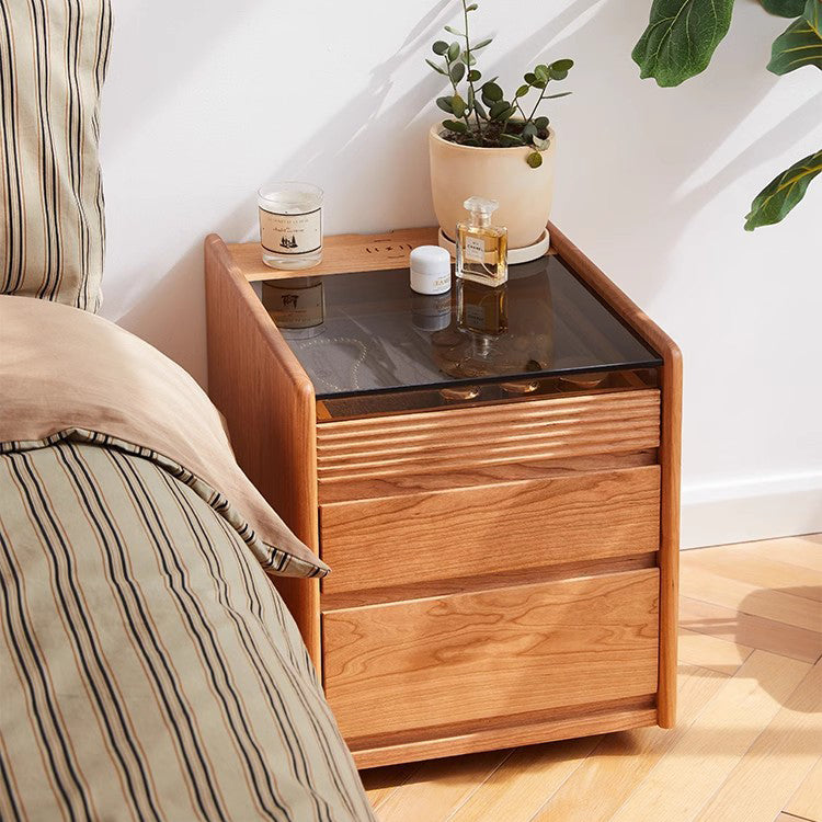 Minimalist Glass Wood 2-Drawer Nightstand
