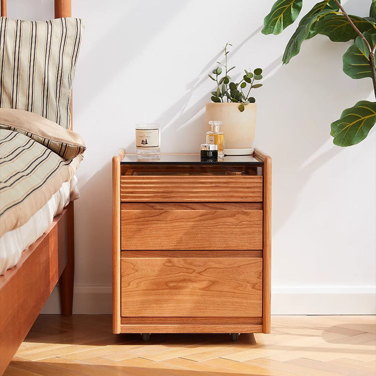 Minimalist Glass Wood 2-Drawer Nightstand