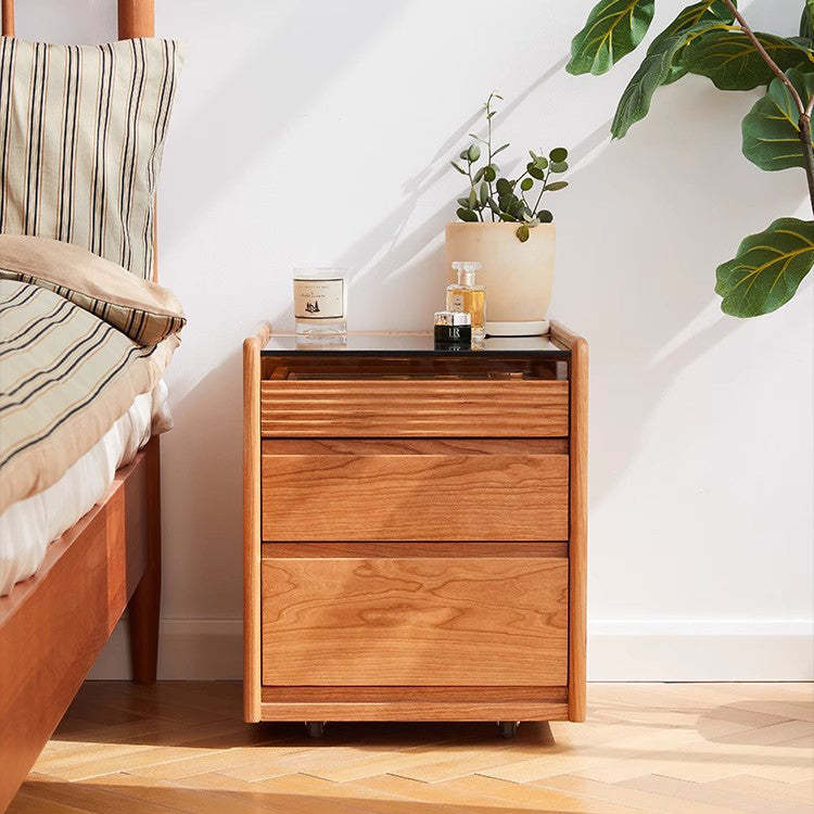 Minimalist Glass Wood 2-Drawer Nightstand — Wood Color