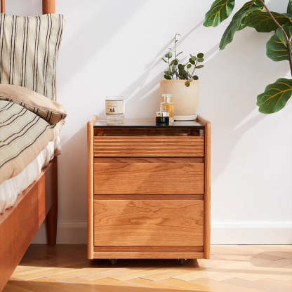 Minimalist Glass Wood 2-Drawer Nightstand — Wood Color