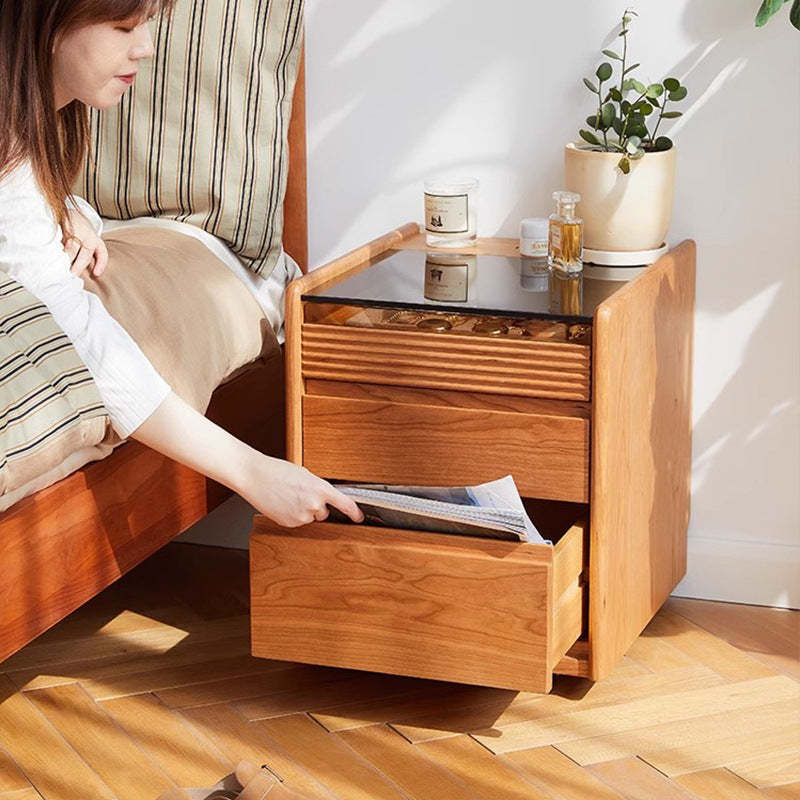 Minimalist Glass Wood 2-Drawer Nightstand