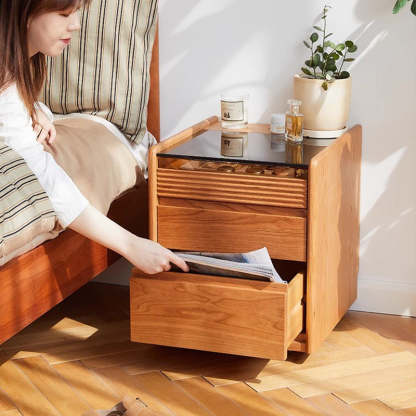 Minimalist Glass Wood 2-Drawer Nightstand