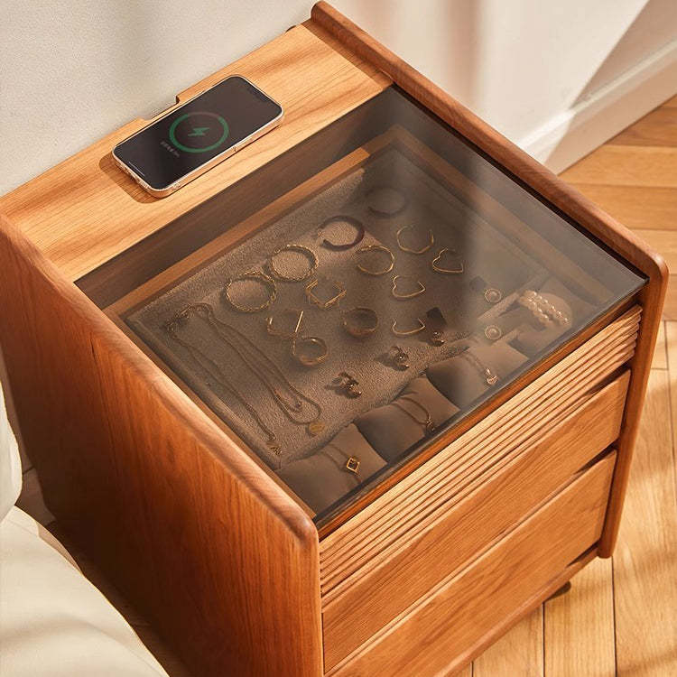 Minimalist Glass Wood 2-Drawer Nightstand