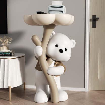 Art Deco Bear Flower Resin End Table — Brown + White