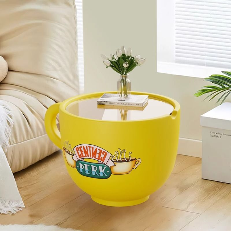 Contemporary Coffee Cup Tempered Glass End Table 1-Tier — Yellow