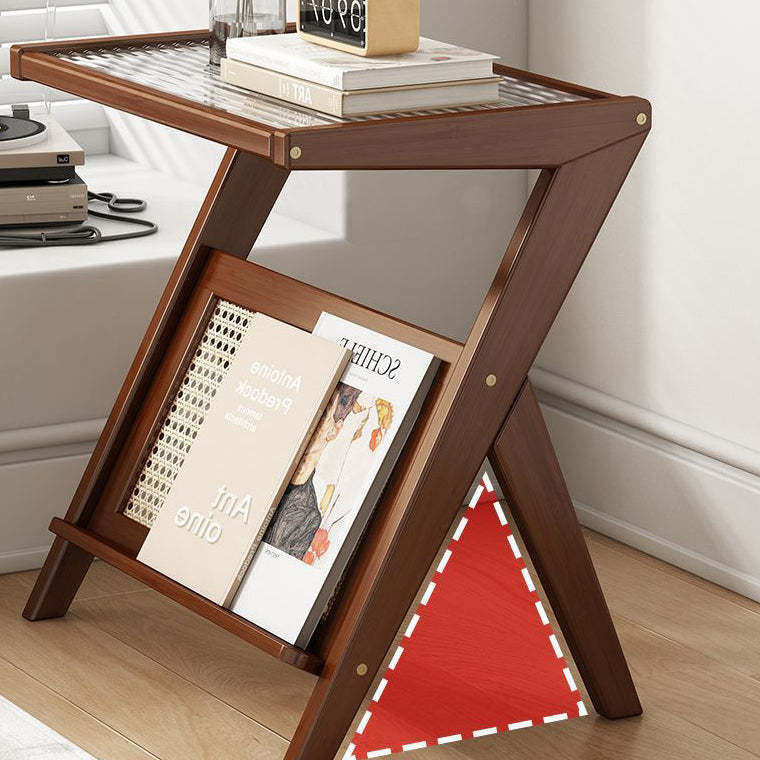 Minimalist Triangle-Support Glass 1-Tier End Table — Wood Color