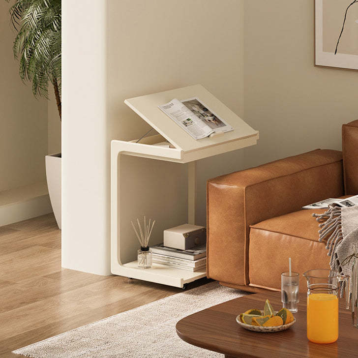 Contemporary U-Shape Tiltable Solid Wood 2-Tier End Table — White