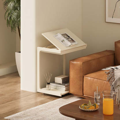 Contemporary U-Shape Tiltable Solid Wood 2-Tier End Table — White