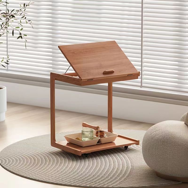 Contemporary U-Shape Tiltable Solid Wood 2-Tier End Table — Original Wood Color