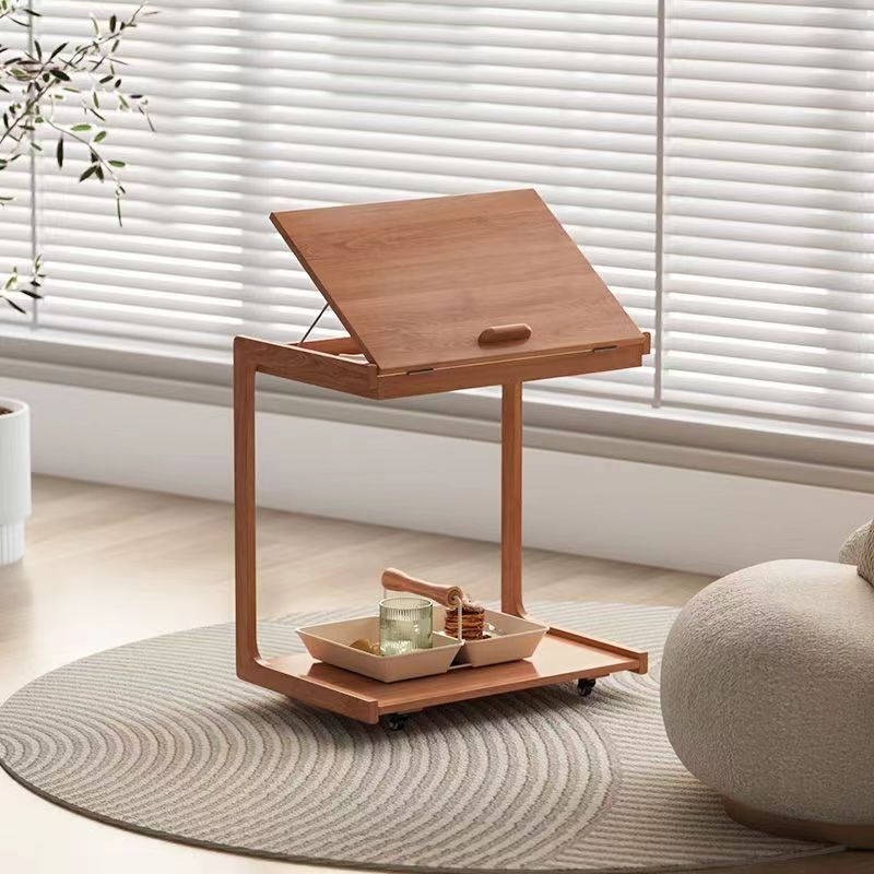 Contemporary U-Shape Tiltable Solid Wood 2-Tier End Table — Original Wood Color