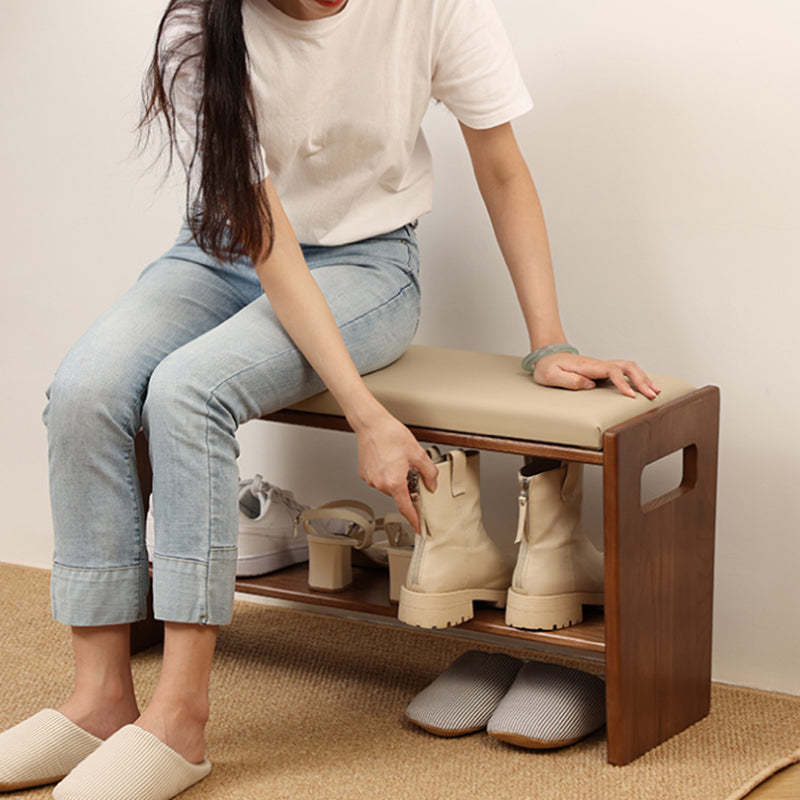 Minimalist Leather Pine Rubberwood 1-Shelf Shoe Storage