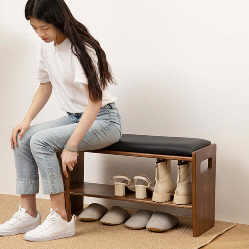 Minimalist Leather Pine Rubberwood 1-Shelf Shoe Storage