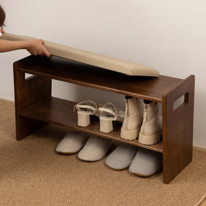 Minimalist Leather Pine Rubberwood 1-Shelf Shoe Storage