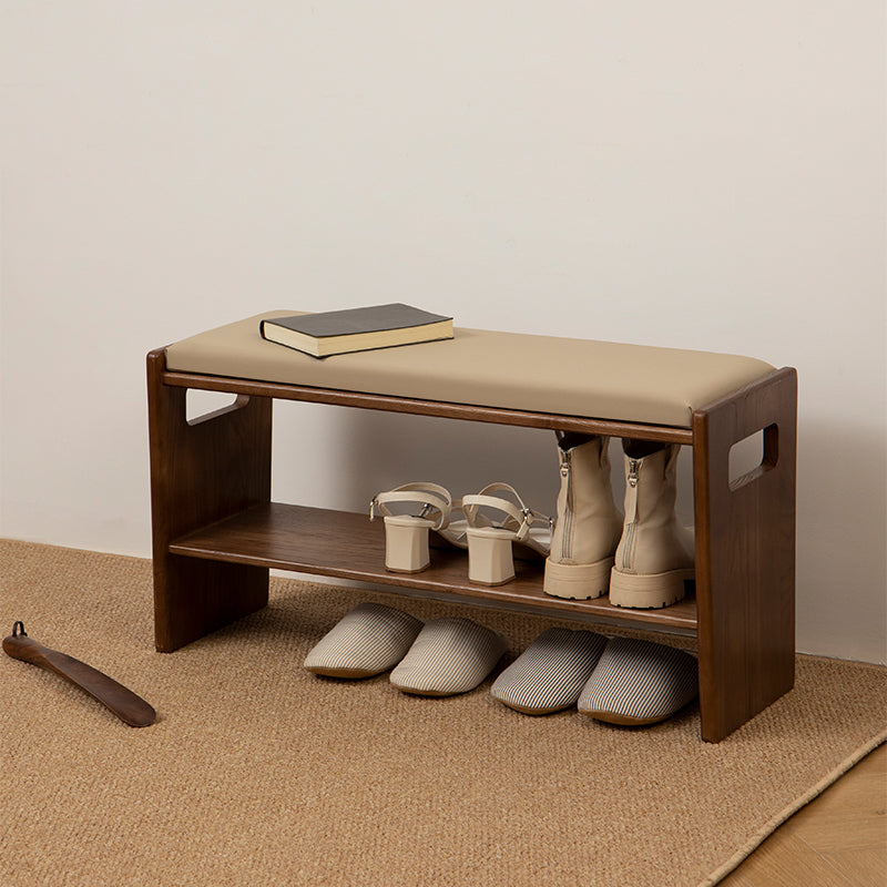 Minimalist Leather Pine Rubberwood 1-Shelf Shoe Storage — Gray