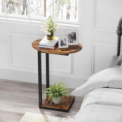 Minimalist Oval Wood Metal 2-Tier End Table — Wood + Black