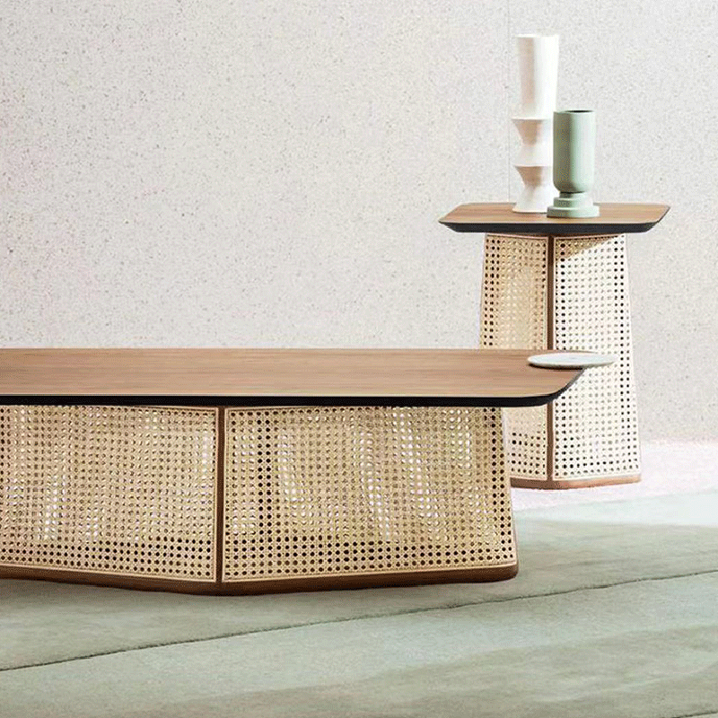 Scandinavian Trapezoid Ash Wood Rattan 1-Tier End Table